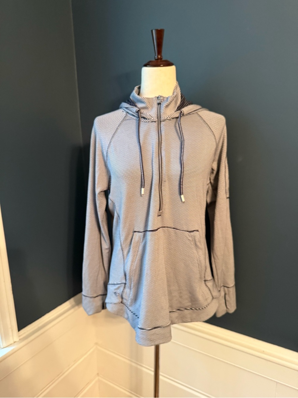 Athleta Light Blue Striped Zip-Up Hooded Pullover